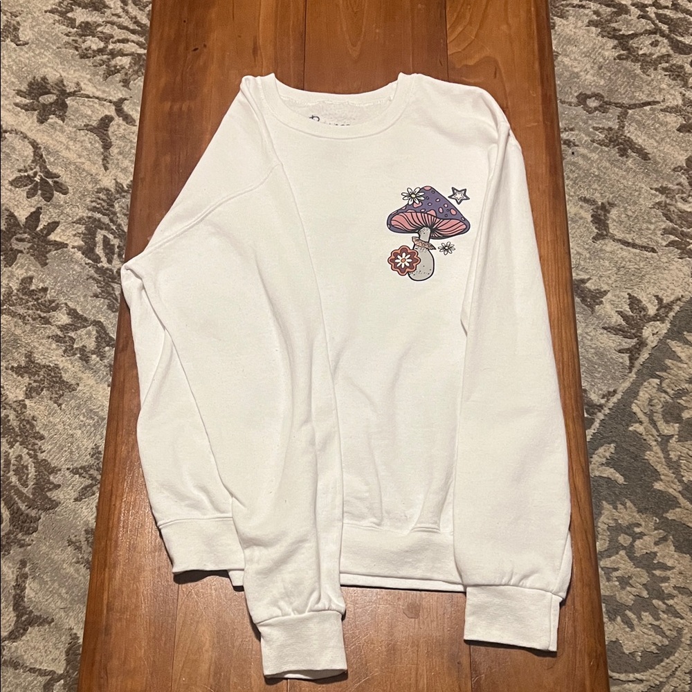 White Sweatshirt with Mushroom Graphic